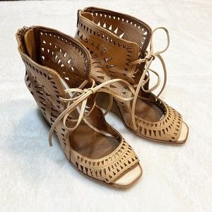 Jeffrey Campbell Rodillo Tan Leather Gladiator Wedge Heels Lace Up Size 7.5